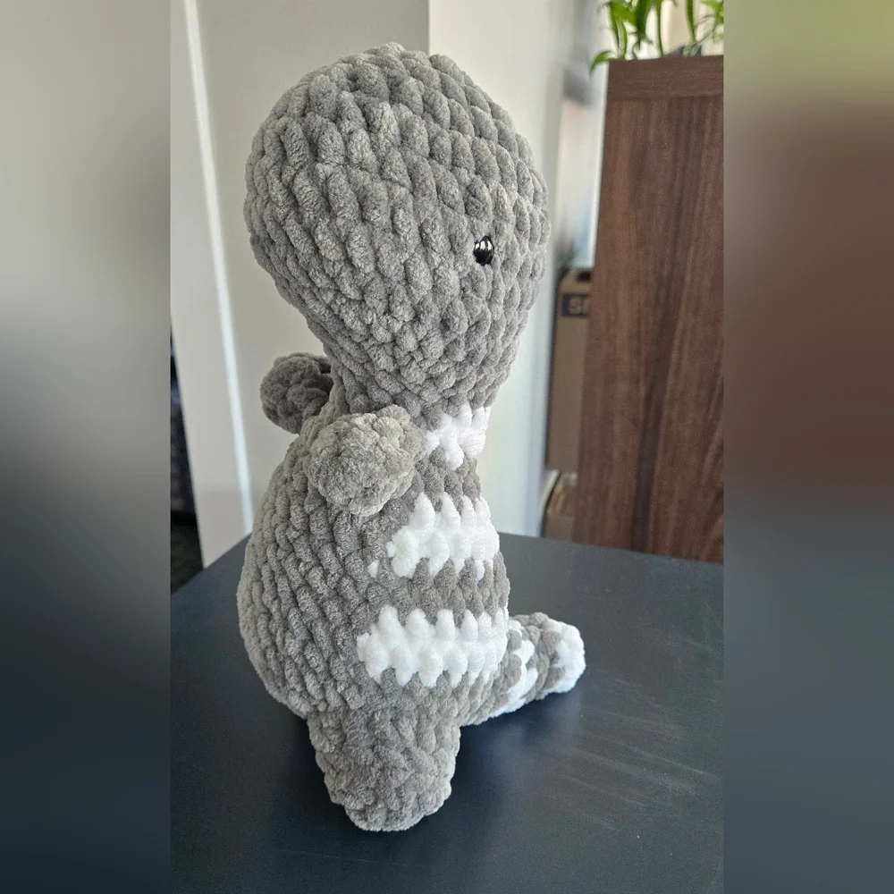 Handmade Plush Dinosaur Toy - Gray and White